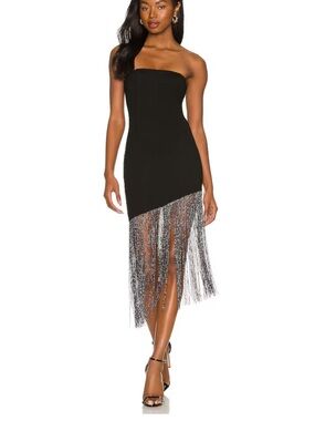 Superdown Cleo Black Strapless Fringe Hem Dress